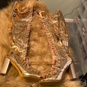 Foil thigh high lace boots